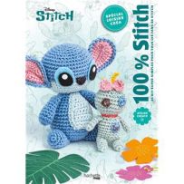 Livre 100% Stitch spécial loisirs créatifs avec amigurumis Stitch et Angel en crochet, couverture officielle Disney.