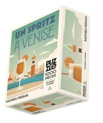 Boîte du Puzzle Un Spritz à Venise, collection Mathieu Persan. L'illustration rétro montre un cocktail orangé sur une terrasse face au Campanile de Saint-Marc. Un défi artistique de 1000 pièces.