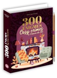 Coffret 300 énigmes – Cosy crimes à l’heure du thé de Bernard Myers, illustré d’un salon chaleureux avec cheminée, fauteuils et livres, sur fond violet décoré.
