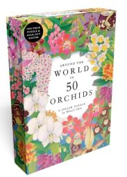 Face avant de la boîte du puzzle "Around the World in 50 Orchids". Le packaging présente au centre le titre de l'œuvre sur un fond blanc, magnifiquement encadré par une couronne luxuriante et colorée d'illustrations botaniques représentant de multiples va
