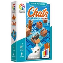 Face avant de la boîte du jeu de réflexion "Chats tournent en rond" de SmartGames. Le visuel coloré illustre des chats espiègles s'amusant à grimper et à se cacher dans des boîtes en carton sur un sol carrelé bleu. Le packaging indique clairement les cara
