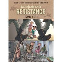 Couverture du livre Les Enfants de la Résistance, compilation Tomes 1 et 2. Illustration BD de Ers et Dugomier : trois enfants cachés surveillent des soldats, puis s'enfuient près de rails. Idéal pour découvrir l'histoire dès 10 ans chez Rageot.