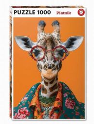 Boîte du puzzle "Crazy Girafe" de 1000 pièces de la marque Piatnik. La face avant présente le portrait humoristique d'une girafe sur un fond orange vif. L'animal porte des lunettes rondes serties de bijoux, un bijou de tête étincelant, de gros colliers et