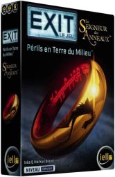 Boîte de l'escape game EXIT : Le Seigneur des Anneaux, Périls en Terre du Milieu. Visuel de l'Anneau Unique brillant avec des runes rouges. Une aventure coopérative épique et mystérieuse sur Divertistore.com.