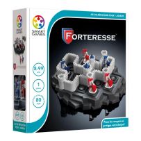Face avant de la boîte du jeu de réflexion "La Forteresse" de SmartGames. Le visuel sombre et élégant met en scène le plateau en 3D représentant un château fort sur un rocher gris, avec ses remparts blancs et ses petites figurines de chevaliers armés de b