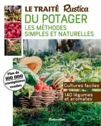 Couverture du livre "Le traité Rustica du potager" (Rustica éditions). Le visuel verdoyant met en valeur un généreux panier en osier débordant de légumes frais posé dans l'herbe, accompagné de trois petites photos de jardinage.