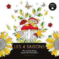Couverture du livre Les 4 saisons avec illustration de champignons rouges, fleurs jaunes et éléments naturels à colorier, style créatif et coloré sur fond clair. Achat sur Divertistore.com.