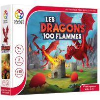 Face avant de la boîte du jeu "Les Dragons 100 Flammes" de l'éditeur SmartGames. L'illustration dynamique présente des dragons rouges crachant du feu sur des tours en pierre, dans un paysage verdoyant parsemé de gros œufs rouges. Les différents macarons s
