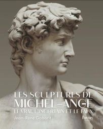 Couverture du livre Les Sculptures de Michel-Ange de Jean-René Gaborit. Le visuel présente un gros plan du visage du David de Michelangelo sur fond sobre. Un ouvrage de référence des Éditions Faton sur Divertistore.com.