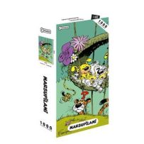 Boîte du puzzle Marsupilami 1000 pièces représentant le Marsupilami suspendu à sa queue dans la jungle, illustration colorée inspirée de la bande dessinée de Franquin.