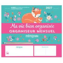 Couverture du calendrier "Ma vie bien organisée - Organiseur mensuel" de Mémoniak (Éditions 365). Le design doux et coloré présente un fond bleu canard orné de fleurs et d'un adorable dessin de maman renard endormie avec son petit. Un large bandeau rose t
