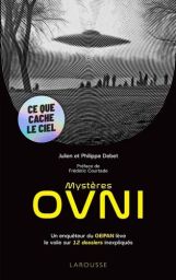 Couverture du livre Mystères OVNI avec illustration d’un objet volant au-dessus d’un paysage, visuel noir et blanc et titre en jaune.