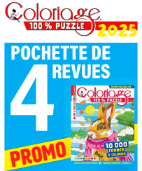 Pochette 2025 Coloriage 100 % Puzzle : 4 numéros à colorier pour révéler dessins cachés autour de gourmandises, oiseaux, folklore et hiver. Achat magazine sur Divertistore