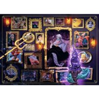 Illustration du puzzle Disney Villainous Ursula montrant la sorcière des mers au centre, entourée de cadres décoratifs avec personnages et scènes de La Petite Sirène, dans une ambiance sombre aux tons violets et dorés.