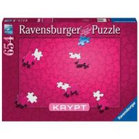 Face avant de la boîte du puzzle 654 pièces "Krypt" de Ravensburger en édition rose. Le packaging de couleur magenta met en scène le visuel monochrome et uni du puzzle, parsemé de quelques pièces blanches et roses qui révèlent l'assemblage circulaire et l