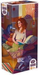 Boîte du puzzle Chill with Cats 1000 pièces illustrant une femme rousse assise dans un intérieur cosy entourée de chats, avec une ambiance chaleureuse et des couleurs vives.