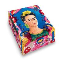 Boîte du puzzle 1000 pièces "Frida Kahlo - Le Cadre" édité par Hazan. Le visuel montre l'autoportrait célèbre de l'artiste mexicaine entouré de fleurs tropicales et d'oiseaux colorés. Achat sur Divertistore.com.
