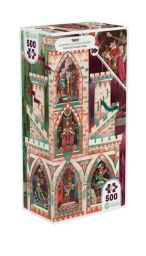 Boîte du puzzle Iello Twist 500 pièces Visite Royale avec illustration d’un château stylisé aux couleurs vives, scènes royales et personnages dans un univers graphique géométrique.