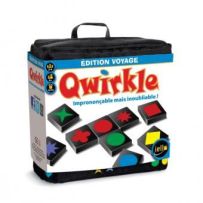 Boîte du jeu Qwirkle Édition Voyage avec sac de transport, tuiles colorées et visuel du jeu de stratégie à emporter partout.