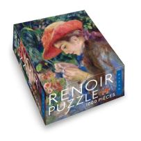 Boîte du puzzle Renoir 1000 pièces avec reproduction du tableau "Marie-Durand-Ruel cousant", représentant une jeune femme au chapeau rouge dans un jardin fleuri, style impressionniste aux couleurs douces. Achat sur Divertistore.com.