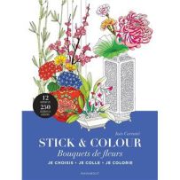 Face avant de la couverture du livre "Stick & Colour : Bouquets de fleurs" d'Inès Carratié, éditions Marabout. Un bandeau bleu en bas porte le titre, surmonté d'une illustration colorée de vases richement ornés contenant des orchidées, des hortensias et d