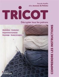 Première de couverture du livre "Tricot : Décrypter tous les patrons" de Pascale Moëllic (alias Joueuse de Pelotes) aux Éditions Eyrolles. Sur un fond parme et bois clair, l'illustration montre trois belles pelotes de laine (rose poudré, écru et gris-bleu