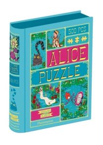 Boîte du puzzle 500 pièces "Alice au Pays des Merveilles" de la collection MinaLima Classics (Flammarion). Le packaging bleu azur, imitant la reliure d'un livre ancien, présente des illustrations de Lewis Carroll revisitées par MinaLima : le Chat du Chesh