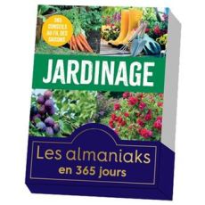 Visuel du coffret "Almaniak Jardinage - Les almaniaks en 365 jours" des Éditions 365. La couverture illustrée présente des carottes, des outils de jardinage, des prunes et des roses, avec un macaron jaune indiquant "365 conseils au fil des saisons". Achat