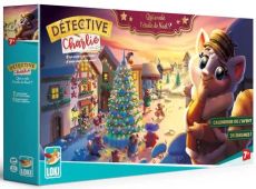 Face avant de la boîte du "Calendrier de l'Avent Détective Charlie : Qui a volé l'étoile de Noël ?" éditée par Loki. Le visuel coloré met en scène la petite détective Charlie (un félin avec une casquette et une loupe) au premier plan à droite, observant u