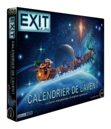 Vue en perspective de la boîte du calendrier de l'Avent EXIT "La Course Intergalactique" de Iello, montrant le traîneau spatial tracté par des rennes au-dessus d'une planète bleue et le macaron Niveau Débutant.