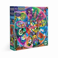 Boîte du puzzle Horoscopes 1000 pièces de la marque eeBoo, présentée en perspective sur un fond blanc. L'emballage dévoile une illustration circulaire multicolore représentant les douze signes du zodiaque, avec des animaux et des personnages fantastiques.