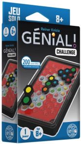 Boîte du jeu Génial ! Challenge. L'emballage bleu et noir met en évidence les mentions "Jeu Solo", "1 joueur", "8+" et "200 casse-têtes de difficulté croissante". Le visuel central montre le boîtier de jeu contenant une carte rouge sur laquelle des tuiles