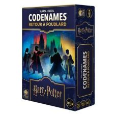 Boîte du jeu Codenames Retour à Poudlard Harry Potter avec silhouettes de sorciers devant le château de Poudlard dans une ambiance magique nocturne.
