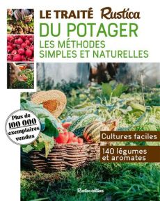 Couverture du livre "Le traité Rustica du potager" (Rustica éditions). Le visuel verdoyant met en valeur un généreux panier en osier débordant de légumes frais posé dans l'herbe, accompagné de trois petites photos de jardinage.