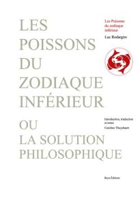 Couverture du livre Les Poissons du zodiaque inférieur ou La Solution philosophique de Luc Rodargire, aux Éditions Beya. Fond blanc sobre avec une grande typographie gris-vert pâle en capitales occupant la partie gauche de la couverture. À droite, le titr
