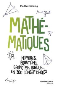 Couverture du livre "Mathématiques minute" de Paul Glendinning avec titre en vert, fond blanc, illustrations de figures géométriques, équations et formules mathématiques, style pédagogique et moderne. Achat sur Divertistore.com.
