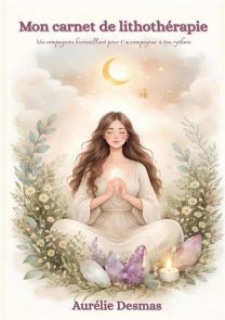 Couverture du livre "Mon carnet de lithothérapie" d’Aurélie Desmas avec illustration douce d’une femme assise en méditation, entourée de fleurs, de cristaux violets et d’une lune dans une ambiance apaisante et spirituelle.