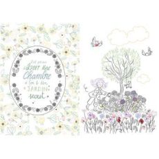 llustrations de coloriage représentant une scène naturelle avec une enfant, des fleurs et des oiseaux ainsi qu’un univers miniature d’objets et animaux, traits fins et ambiance apaisante. Achat sur Divertistore.com.
