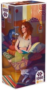 Boîte du puzzle Chill with Cats 1000 pièces illustrant une femme rousse assise dans un intérieur cosy entourée de chats, avec une ambiance chaleureuse et des couleurs vives.