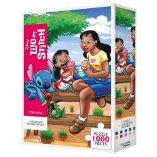 Boîte du "Puzzle mystères - Lilo & Stitch" 1000 pièces par Hachette Heroes. L'illustration montre Stitch, Lilo et Nani savourant des glaces sur un banc de pique-nique à Hawaï. Mention d'un coloriage mystère inclus. Achat sur Divertistore.com.