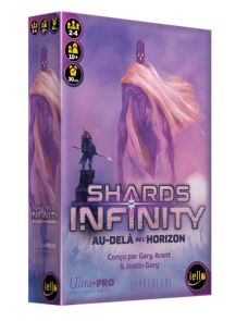 Boîte de l'extension "Shards of Infinity : Au-delà de l'Horizon" éditée par IELLO. L'illustration aux tons violets et pourpres représente une immense silhouette encapuchonnée se dressant derrière un personnage juché sur un piédestal brandissant une arme é